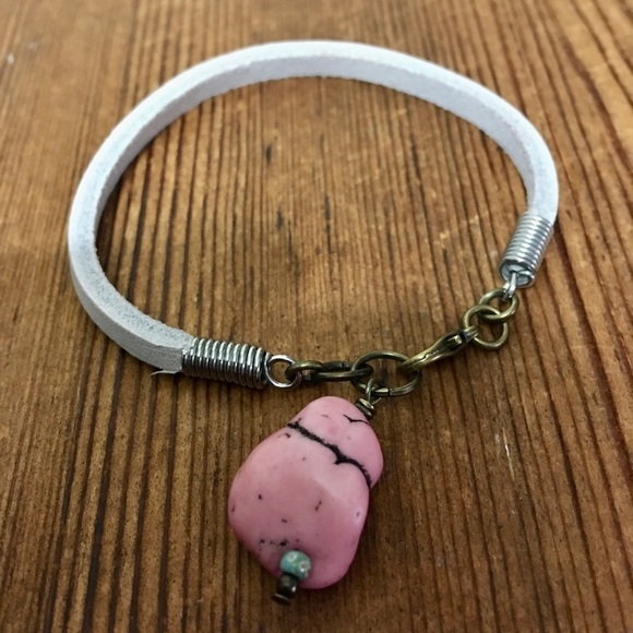 White Ladies Leather Bracelet,  Handmade Ladies Bracelet,  Pink Turquoise - Picture 3 of 5